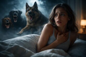 Femeie speriată visând câini agresivi în întuneric.