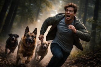 Bărbat fugind de câini într-o pădure, simbolizând frici în vise.