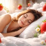 Femeie visând căpșuni într-un peisaj de vis plin de flori