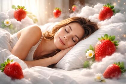 Femeie visând căpșuni într-un peisaj de vis plin de flori