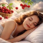 Femeie visând la cireșe într-un peisaj de vis