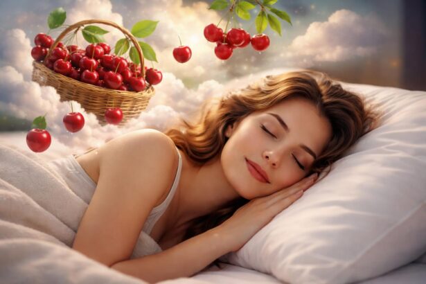 Femeie visând la cireșe într-un peisaj de vis