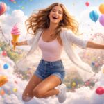 Fată zâmbitoare sărind cu un cornet de înghețată în parc de distracții