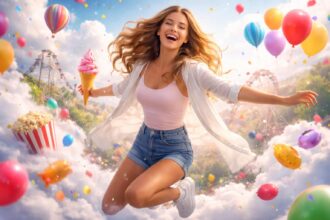 Fată zâmbitoare sărind cu un cornet de înghețată în parc de distracții