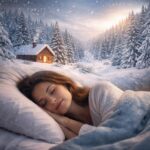 Femeie dormind într-un peisaj de iarnă cu zăpadă