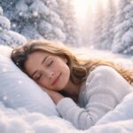 Femeie care doarme pe o pernă în zăpadă albă