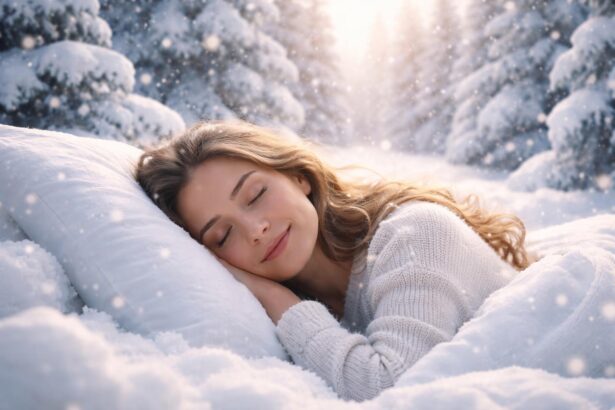 Femeie care doarme pe o pernă în zăpadă albă