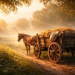 Căruță tradițională pe un drum rural, simbol al simplității și muncii cinstite.