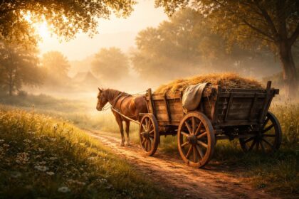 Căruță tradițională pe un drum rural, simbol al simplității și muncii cinstite.