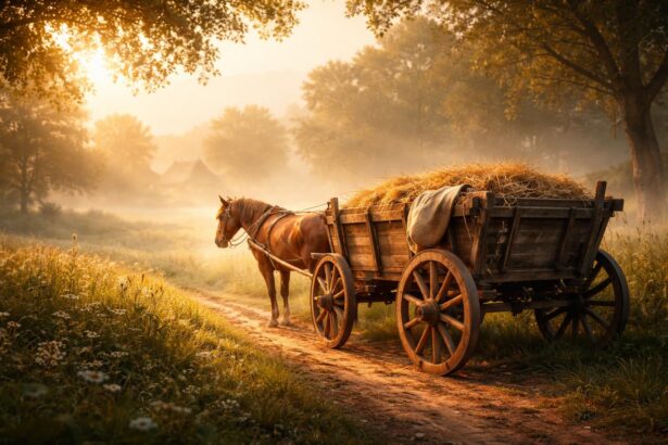 Căruță tradițională pe un drum rural, simbol al simplității și muncii cinstite.