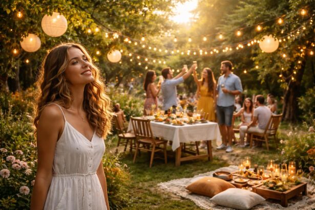 Petrecere în grădină cu prieteni și decor luminos