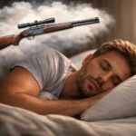 Bărbat dormind cu un vis oniric despre o pușcă