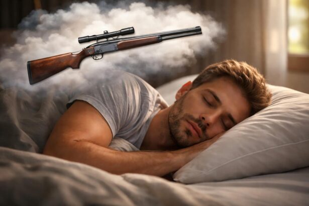 Bărbat dormind cu un vis oniric despre o pușcă