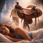 Femeie dormind cu o șa plutind în aer, simbolizând visele și controlul asupra vieții.