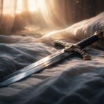 Sabie așezată pe o lenjerie albă în lumina dimineții