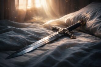 Sabie așezată pe o lenjerie albă în lumina dimineții