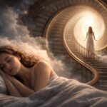 Tânără care visează o scară în spirală simbolizând evoluția interioară.
