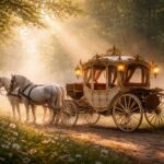 Trăsură elegantă trasă de cai albi în pădurea luminoasă