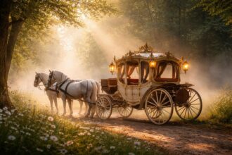 Trăsură elegantă trasă de cai albi în pădurea luminoasă