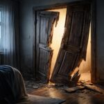Ușă ruptă simbolizând schimbarea și eliberarea din limite vechi