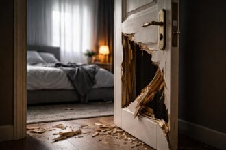 Ușă spartă cu detalii de interior în fundal