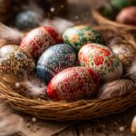 Ouă încondeiate colorate în cuib din nuiele
