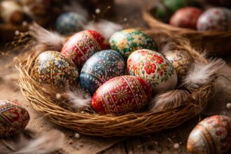 Ouă încondeiate colorate în cuib din nuiele