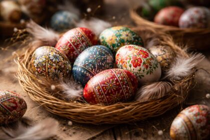 Ouă încondeiate colorate în cuib din nuiele