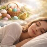 Femeie care doarme visând la Paște, ouă colorate și prăjituri.