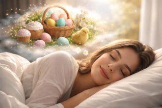 Femeie care doarme visând la Paște, ouă colorate și prăjituri.