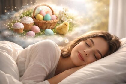 Femeie care doarme visând la Paște, ouă colorate și prăjituri.