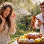 Tineri sărbătorind Paștele prin stropirea cu apă în natură.