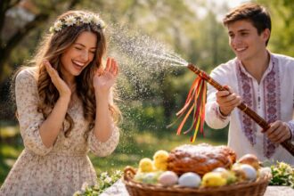 Tineri sărbătorind Paștele prin stropirea cu apă în natură.