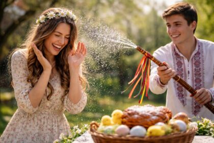 Tineri sărbătorind Paștele prin stropirea cu apă în natură.