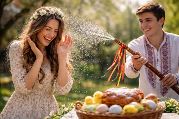 Tineri sărbătorind Paștele prin stropirea cu apă în natură.