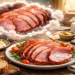 Plating de șuncă cu roșii cherry și ierburi pe o masă rustică.