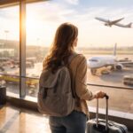 Femeie privind pe geamul unui aeroport la avioane în zbor