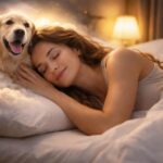 Femeie visând lângă câine, simbolizând loialitate și prietenie.