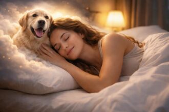 Femeie visând lângă câine, simbolizând loialitate și prietenie.