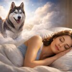 Fată care doarme visând un câine husky în nori