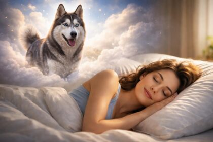 Fată care doarme visând un câine husky în nori