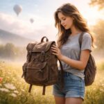 Fată cu rucsac pe un câmp plin de flori în lumina dimineții