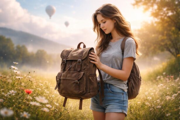 Fată cu rucsac pe un câmp plin de flori în lumina dimineții