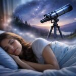 Tânără care doarme visând la un telescop sub cerul înstelat