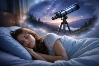 Tânără care doarme visând la un telescop sub cerul înstelat