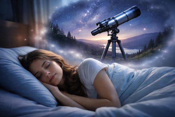 Tânără care doarme visând la un telescop sub cerul înstelat