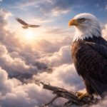 Vultur zburând pe cer între nori strălucitori la apus