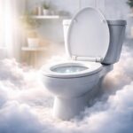 Toaletă albă înconjurată de nori, simbolizând eliberare