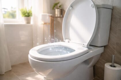 WC curat cu apă limpede și strălucitoare, iluminat natural