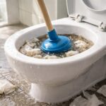 WC înfundat cu un piston și apă murdară, simbolizând emoții blocate